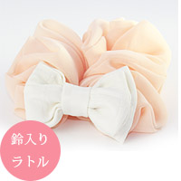 親子お揃いシュシュ専門店ジュメルパステルピンクとホワイトリボンのベビーシュシュ(ラトル)ドーナツサイズ詳細画像